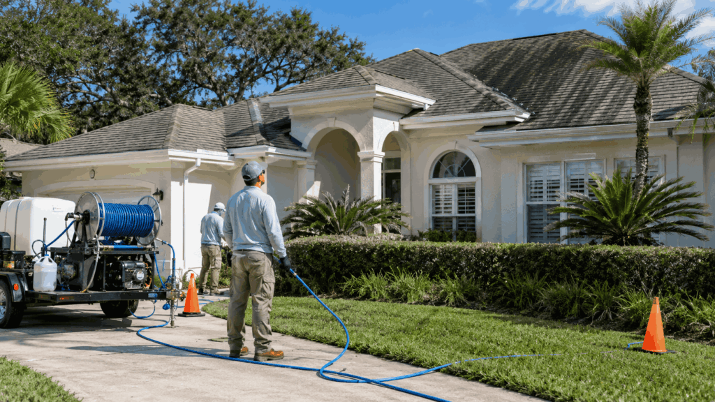 Exterior cleaning setup in suburban yard