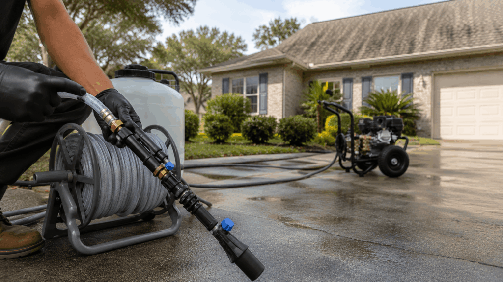 Soft washing in a suburban yard