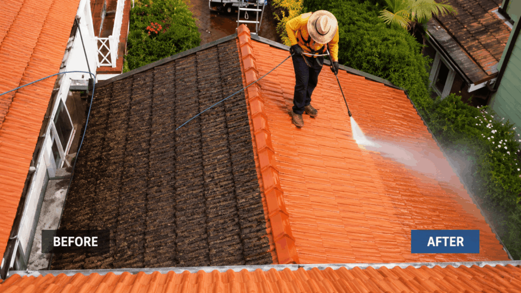 Roof algae cleaning transformation before and after