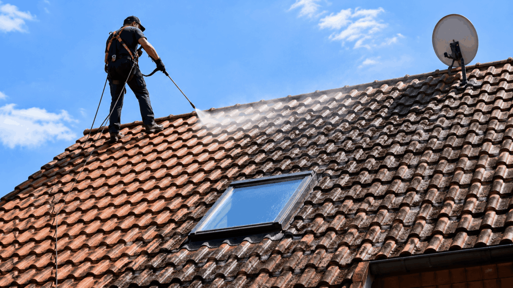 Roof washing under a clear sky