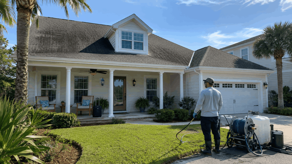suburban home roof washing maintenance in the sun